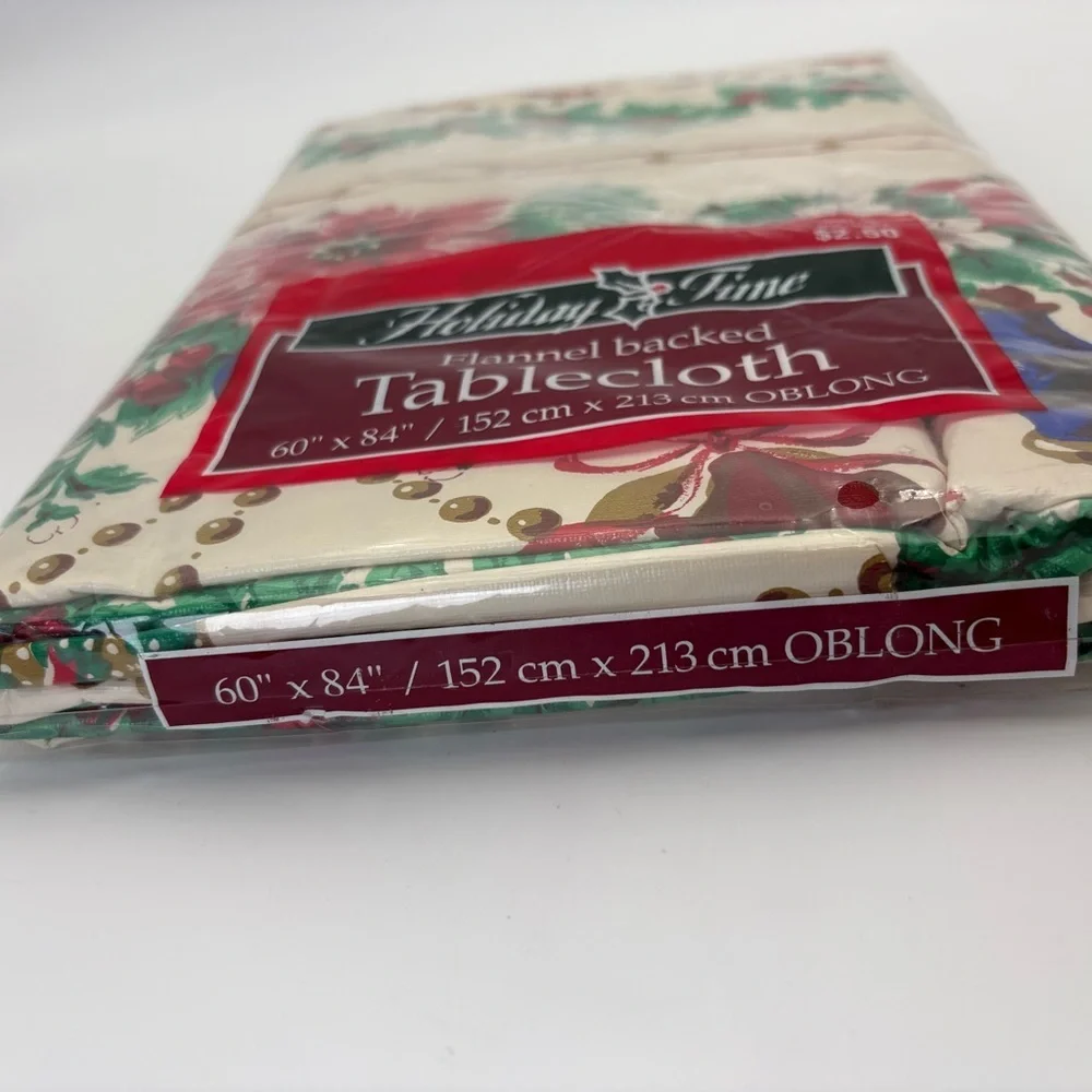 New Old Stock Vintage Holiday Time Poinsettia and Holly Flannel-Back Tablecloth